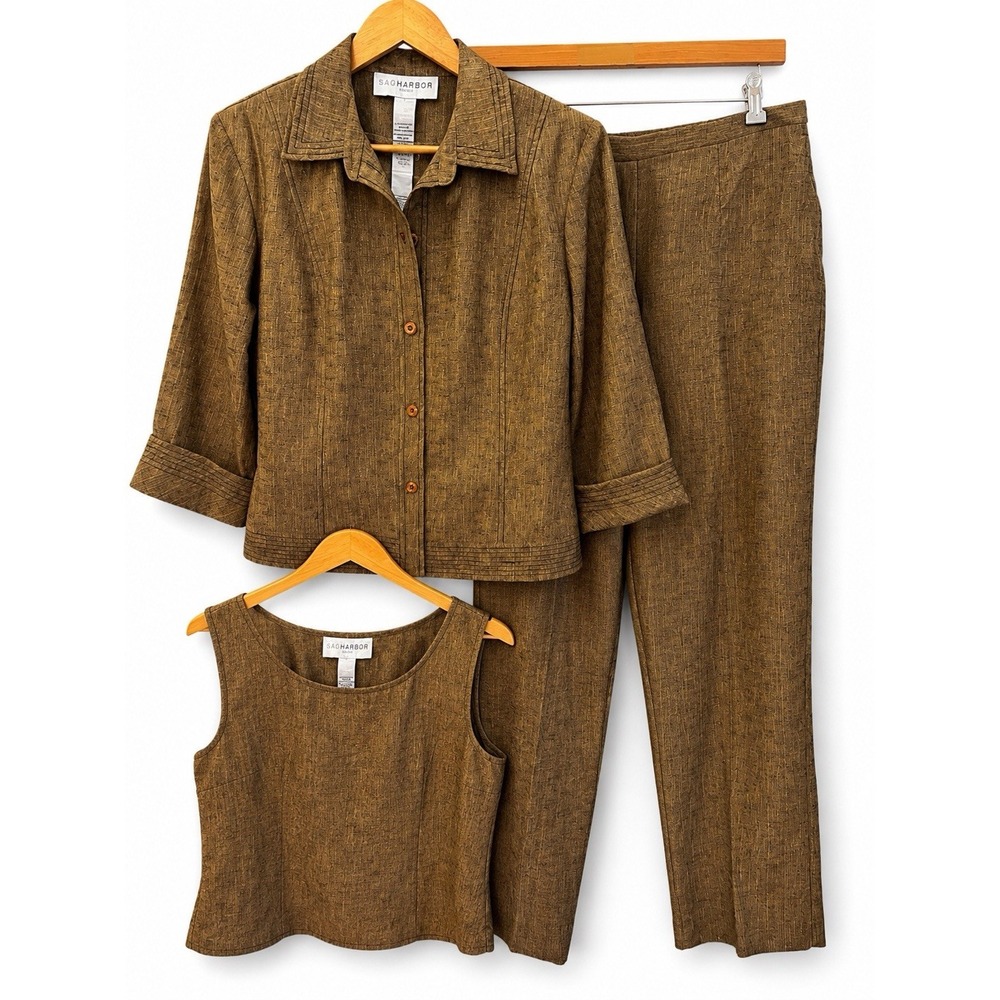 Sag Harbor 3 Pc Pants Suit Set Womens 14 Brown Career Jacket Shell Pants